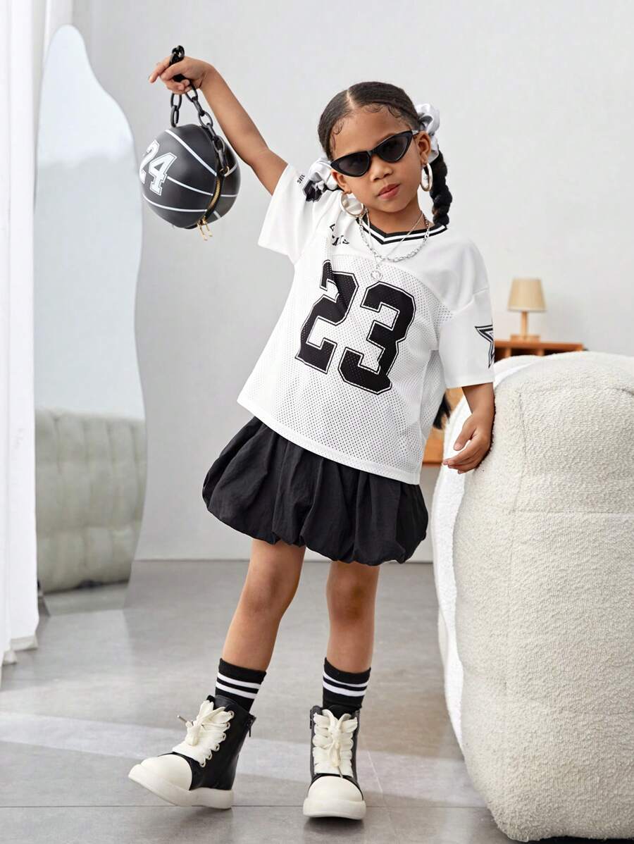 SHEIN Leap Crew Young Girl 2 Pieces Set: Loose Numeric Print Woven Top And Solid Colored Woven Mini Skirt - Black and White - View 1