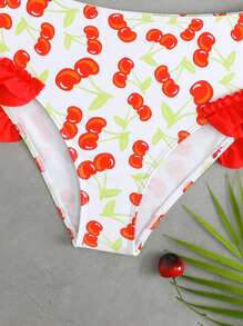Tween Girl Cherry Print Ruched Flyaway Halter Bikini Set - Multicolor - View 6