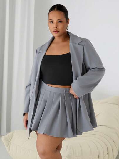 SHEIN EZwear 大码女式纯色缺口领长袖夹克和百褶中裙套装