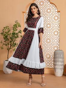 SHEIN 女士度假拼布花卉印花宽松短袖连衣裙 - 黑色 - 查看 3