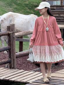 DAZY Mid-Length A-Line Lace Patchwork Solid Color Princess Round Neck Long Sleeve Tween Girl Dress - Red - View 8