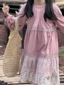 DAZY Mid-Long A-Line Lace Splice Solid Color Princess Round Neck Long Sleeve Tween Girl Dress - Pink - View 7