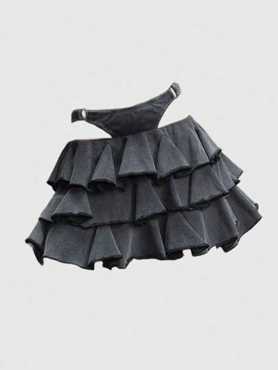 Grunge Punk Vintage Washed Layered Ruffle Mini Skirt, Sexy Super Low Waist Black Gray Casual Skirt For Women