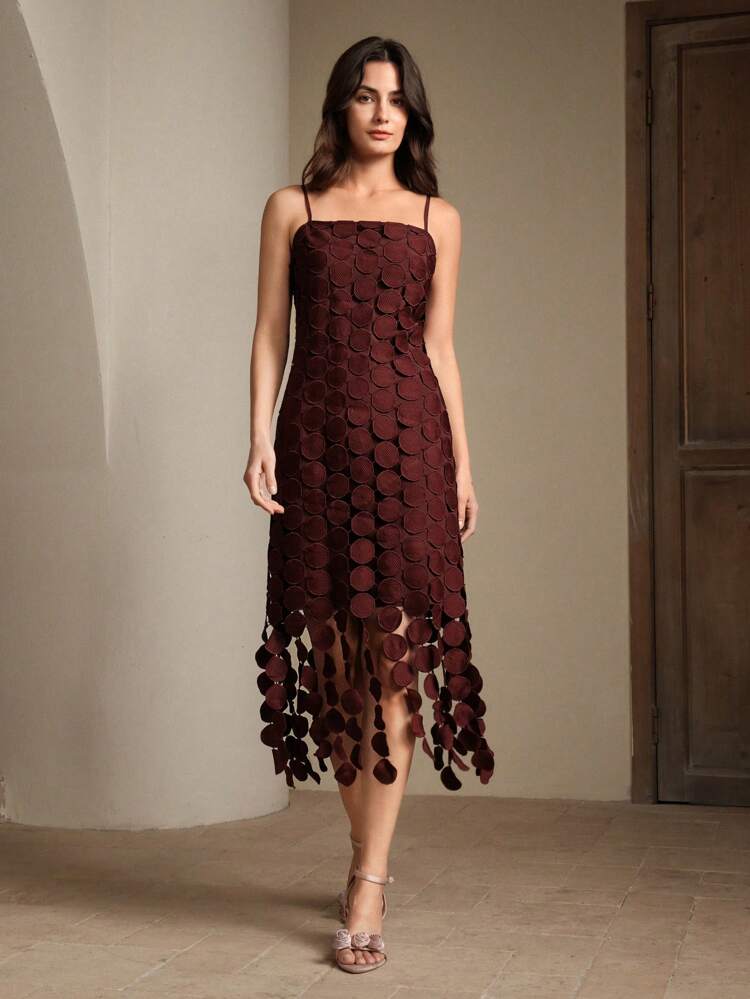 Women's Elegant Knit Spaghetti Strap Dress, Soluble Lace, Angora Fabric, Burgundy Color, Suitable For Spring/Summer, Parties, Festivals