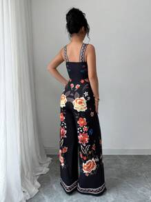 Elenzga 女士度假花卉印花阔腿连体裤 - 黑色 - 查看 2