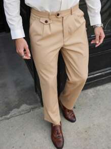 Manfinity Mode Men's Khaki Long Suit Pants With Zipper Detail And Pleated Front - Khaki - View 3