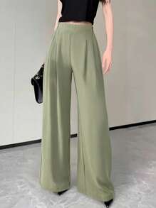 SHEIN Frenchy 女士基本款純色休閒長褲 - 綠色 - 查看 7