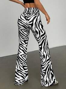SHEIN Unity Women's Zebra Print V-Waist Flare Pants Fall Cloth For Women - Black and White - View 2