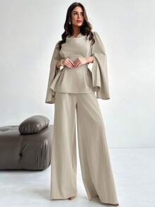 Firerie 2 件女式秋冬系带长袖衬衫上衣和美人鱼下摆裙子套装，开衩长袖衬衫套装，鱼尾长裙套装，优雅/通勤/休闲/商务/度假/职业装 - 杏色 - 查看 3