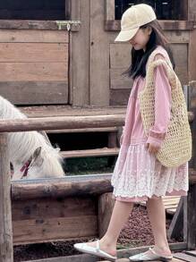 DAZY Mid-Long A-Line Lace Splice Solid Color Princess Round Neck Long Sleeve Tween Girl Dress - Pink - View 3