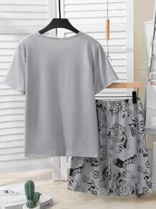 2 件青少年男孩灰色背景虎纹印花短袖 T 恤和短裤休闲家居服套装 - 灰色 - 查看 2