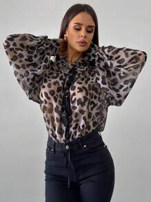 Firerie Blusa holgada con decoración de volantes de estampado de leopardo, elegante y romántica, adecuada para fiesta, vacaciones, vuelta al colegio, cita romántica, boda y cumpleaños - Multicolor - Ver 5