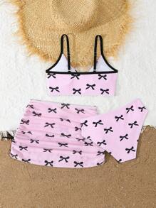 SHEIN Tween Girl Printed 3pcs Swimwear Set, Tankini - Pink - View 2