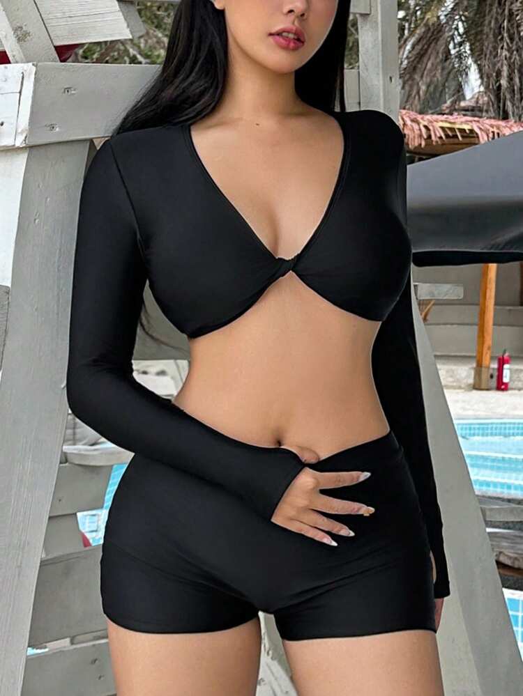 Women's Summer Beach Solid Twist Front Long Sleeve Short Crop Top And Bottoms Sexy Bikini Set,Tankini Bathing Suit