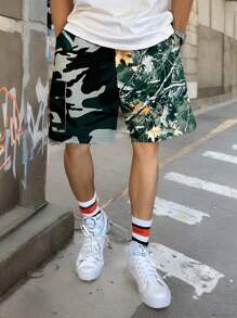 Shorts casuales y cómodos para niños preadolescentes con estilo callejero, de punto suelto con estampado de camuflaje y hoja marchita, aptos para la escuela, el jardín, la playa y cumpleaños en primavera/verano
