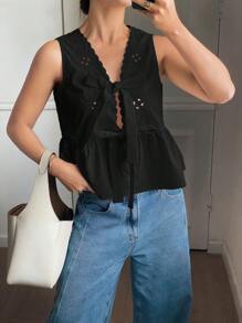 Serisse Women's Solid Color Embroidered Front Tie Sleeveless Shirt Chic Black Summer Casual - Black - View 7