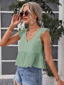 SHEIN Frenchy Vacation Casual Hollow-Out Embroidered Patchwork Cap Sleeve Woven Shirt Summer Green - Mint Green - View 4