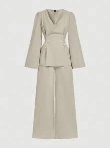 Firerie 2 件女式秋冬系带长袖衬衫上衣和美人鱼下摆裙子套装，开衩长袖衬衫套装，鱼尾长裙套装，优雅/通勤/休闲/商务/度假/职业装 - 杏色 - 查看 6