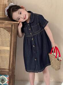 DAZY Girls' Natural Color Denim Collared Dress, Young Girl Fall Clothes - Royal Blue - View 4