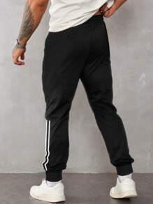 Manfinity Homme 男士条纹带侧盖口袋抽绳腰运动裤，适合丈夫、男朋友的礼物，男士慢跑裤，黑色，男士条纹运动裤