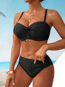 Voyashape Women Spring Break 2 Pieces Swimwear With Bowknot Decor, Backless Design, Ruched Side, Front Gathering, Padded Bust DD Cup, Fashion Holiday Swimwear For Summer Beach Vacation - Black - View 4