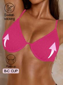 SHEIN Swim Women's Solid Color Strappy Swimwear Bikini Top, Gathering Style Special Wavy Fabric Swimwear Top, Beach - Hot Pink - View 1