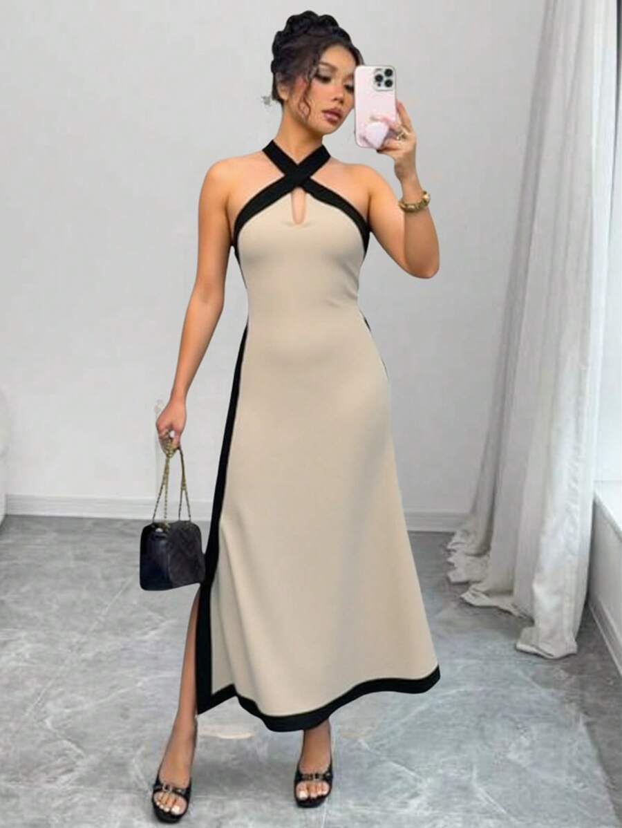 SHEIN Unity Women's Minimalist Vacation Halter Neck Color Block Split Dress - Apricot - View 1