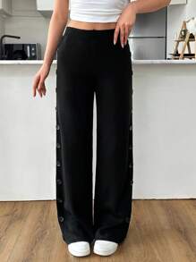 EURMUSE Buttoned Elegance: Side Detail Knit Trousers Women - Black - View 5