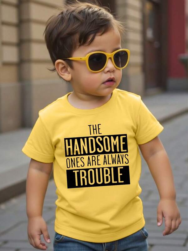 SHEIN Young Boy Black Letter Print Casual Round Neck Short Sleeve T-Shirt, Summer Summer Holiday