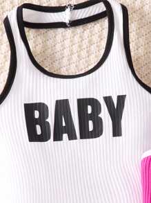 SHEIN Playful Pals 2 件套女婴休闲运动街头装简约字母印花无袖连衣裙，适合外出、春夏季 - 彩色 - 查看 5
