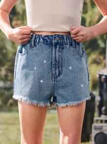 SHEIN Tween Girls Casual Light Blue Washed Denim Shorts, Summer Y2K - Light Wash - View 5