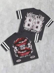 ROMWE MEN Prep Men's Street Lips Printed 350g Suede Fleece Contrast Mesh Pocket T-Shirt - Dark Grey - View 2