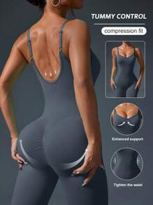 Slayform Slayform Women Solid Color Ruched Butt Yoga Jumpsuit With Straps - Dark Grey - View 4