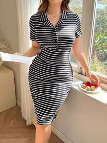 Solflare 大码女式黑白条纹纽扣半襟短袖连衣裙 - 黑與白 - 查看 4