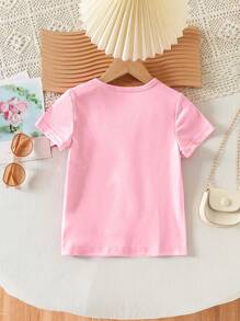 女童休闲时尚蝴蝶结印花圆领修身短袖百搭 T 恤 - 粉色 - 查看 2