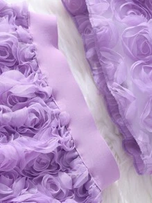 2 件套青少年女孩纯色 3D 花卉无袖圆领上衣和裙子，优雅夏季服装 - 紫色 - 查看 4