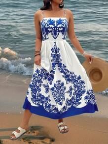 SHEIN Clasi Plus Size Floral A-Line Beach Vacation Dress With Tie Straps - Multicolor - View 4