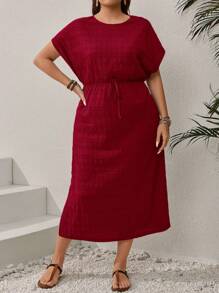 EMERY ROSE Plus Size Solid Color Simple Round Neck Short Sleeve Casual Everyday Dress,Summer Outfits For Women/Summer,Tropical Vacation Woman Clothes - Burgundy - View 5