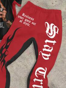 SHEIN Cooles Silhouetten- und Flammen-Muster Hiphop-Stil Teenager Tween Jungen Loose Fit Rundausschnitt Kurzarm T-Shirt & weitausgestellte Hose 2-teiliges Set, geeignet für Frühling und Sommer