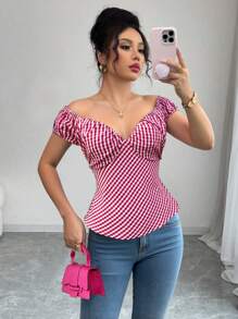 Camisa de tejido de cuadros rojos y blancos, de verano