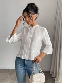 Gloray Áo sơ mi đơn hàng ngày tay chuông màu trơn dành cho nữ - trắng - Xem 3