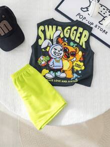 SHEIN 2pcs Baby Cartoon Animal Print Knit Soft Round Neck Drop Shoulder Pullover Top And Elastic Waist Shorts Set, Suitable For Sporty, Casual, Outdoor Wear For Spring/Summer