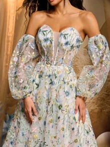 Glamrae 优雅多色浪漫华丽定位网眼刺绣管（可拆卸）灯笼长袖超大 A 字裙，配有可调节肩带，适合约会、海滩度假、生日、成人仪式、派对、毕业返校季、婚礼活动、婚礼宾客、晚宴舞会礼服、正式礼服、晚礼服、礼服 - 彩色 - 查看 2