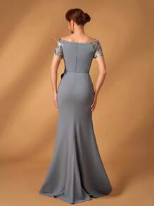 Serin Mùa hè thanh lịch lộng lẫy lãng mạn màu xám đậm sequin thêu khâu co giãn dệt kim trễ vai tay ngắn sequin sang trọng thiết kế đính kết viền đuôi cá mỏng khâu bèo nhún không đối xứng thích hợp cho tiệc tối tiệc độc thân khiêu vũ ngày lễ đám cưới sự kiện tiệc tối váy cô dâu mẹ - Xám - Xem 3