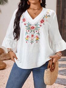 Linhara 大码女式花卉刺绣休闲衬衫，上衣适合派对、聚会、街头、春季、夏季、圣帕特里克节、复活节、春假、波西米亚风节日 - 白色 - 查看 6