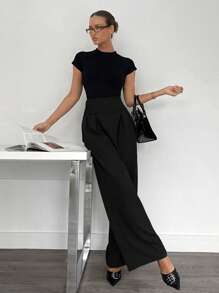 Siren Gaze Dunkelgraue, hochgeschnittene, weite Hose mit hoher Taille, schlankmachenede Business-Hose für Damen