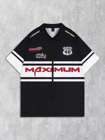 Prep Herren einfarbiges Patchwork Hemd mit Reißverschluss vorn und weiter Passform, Kurzarm