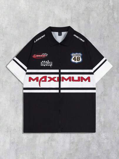 Prep Chemise ample à manches courtes avec fermeture éclair avant et patchwork de couleur unie pour hommes