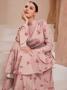 Graceveil Arab Ditsy Floral Stand Collar Ruffle Hem Fitted Dress For Women,Modest - Pink - View 4