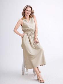 SHEIN LUNE Spring/Summer Casual Solid O-Neck Sleeveless Elasticated Waist Long Dress For Women - Khaki - View 4